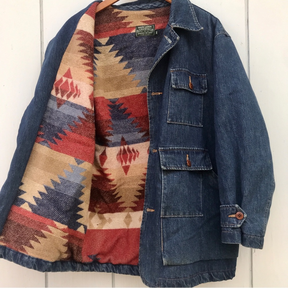 Vintage Ralph Lauren Country Polo Aztec Lined Denim Chore Jacket